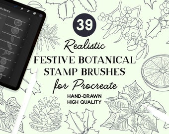 Pędzle do stempli świątecznych Procreate Festive Christmas Botanical (do pobrania natychmiast)
