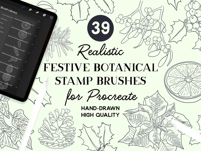 May include: A set of 39 hand-drawn, realistic botanical stamp brushes for Procreate. The brushes feature festive designs like holly, pine cones, and citrus fruit.