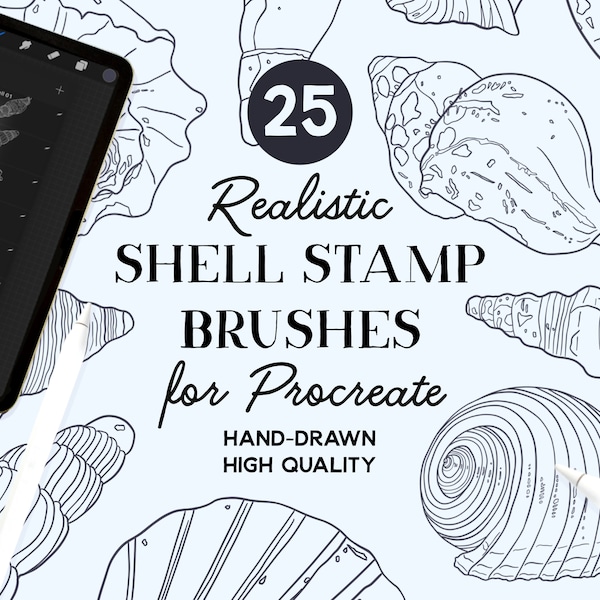 Procreate Shell Stamps, 25 Seashell Stamp Brushes for Procreate, Beach Ocean Themed Stamps, Instant Download, Commercial Use Permitted