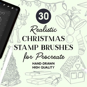 May include: An illustration of Christmas-themed stamp brushes for Procreate. The image features a tablet with a brush library, a reindeer, Christmas ornaments, a gingerbread house, and the text "30 Realistic CHRISTMAS STAMP BRUSHES for Procreate".