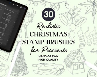 May include: An illustration of Christmas-themed stamp brushes for Procreate. The image features a tablet with a brush library, a reindeer, Christmas ornaments, a gingerbread house, and the text "30 Realistic CHRISTMAS STAMP BRUSHES for Procreate".