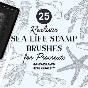 Procreate Sea Animal Stamps, 25 Stamp Brushes for Procreate, Includes Fish Sharks Octopus, Instant Download, Commercial Use Permitted.