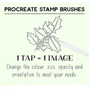 May include: A digital illustration of a holly sprig with berries. The text "1 TAP = 1 IMAGE" is below the image. The text "Change the colour, size, opacity and orientation to meet your needs." is below the text.