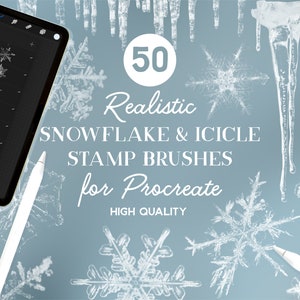 May include: A digital tablet screen displaying 50 realistic snowflake and icicle stamp brushes for Procreate. The text "50 Realistic SNOWFLAKE & ICICLE STAMP BRUSHES for Procreate HIGH QUALITY" is displayed on the screen. The tablet is surrounded by snowflakes and icicles.