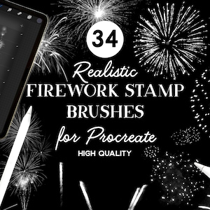 May include: 34 Realistic Firework Stamp Brushes for Procreate. High Quality. A digital tablet screen shows a brush library with 34 firework brushes. The image is surrounded by firework illustrations.