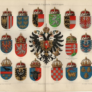 COAT OF ARMS of Austrian-Hungarian Monarchy antique lithograph from 1906