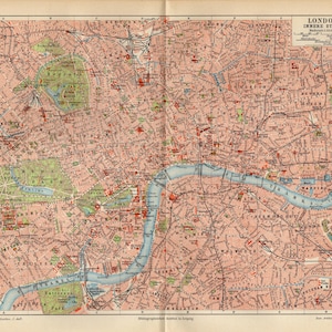 Mapa antiguo del centro de Londres, Reino Unido, de 1897