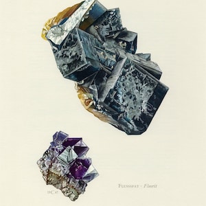 May include: An illustration of two fluorite mineral specimens. The top specimen is a cluster of dark blue-gray cubes with a metallic sheen. The bottom specimen is a cluster of purple and silver crystals. The text "FLUSSSPAT - Fluorit" is visible.