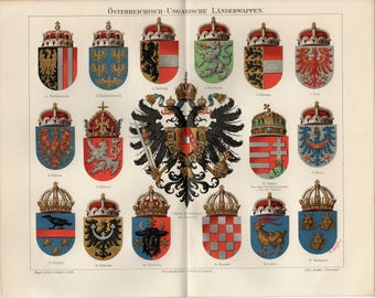 Armoiries de la monarchie austro-hongroise, lithographie ancienne de 1896