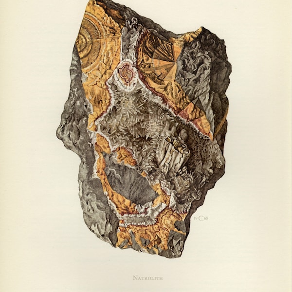 Natrolite mineral vintage lithograph from 1968