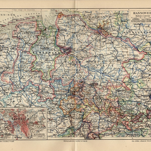 HANOVER KINGDOM GERMANY Antique map from 1908