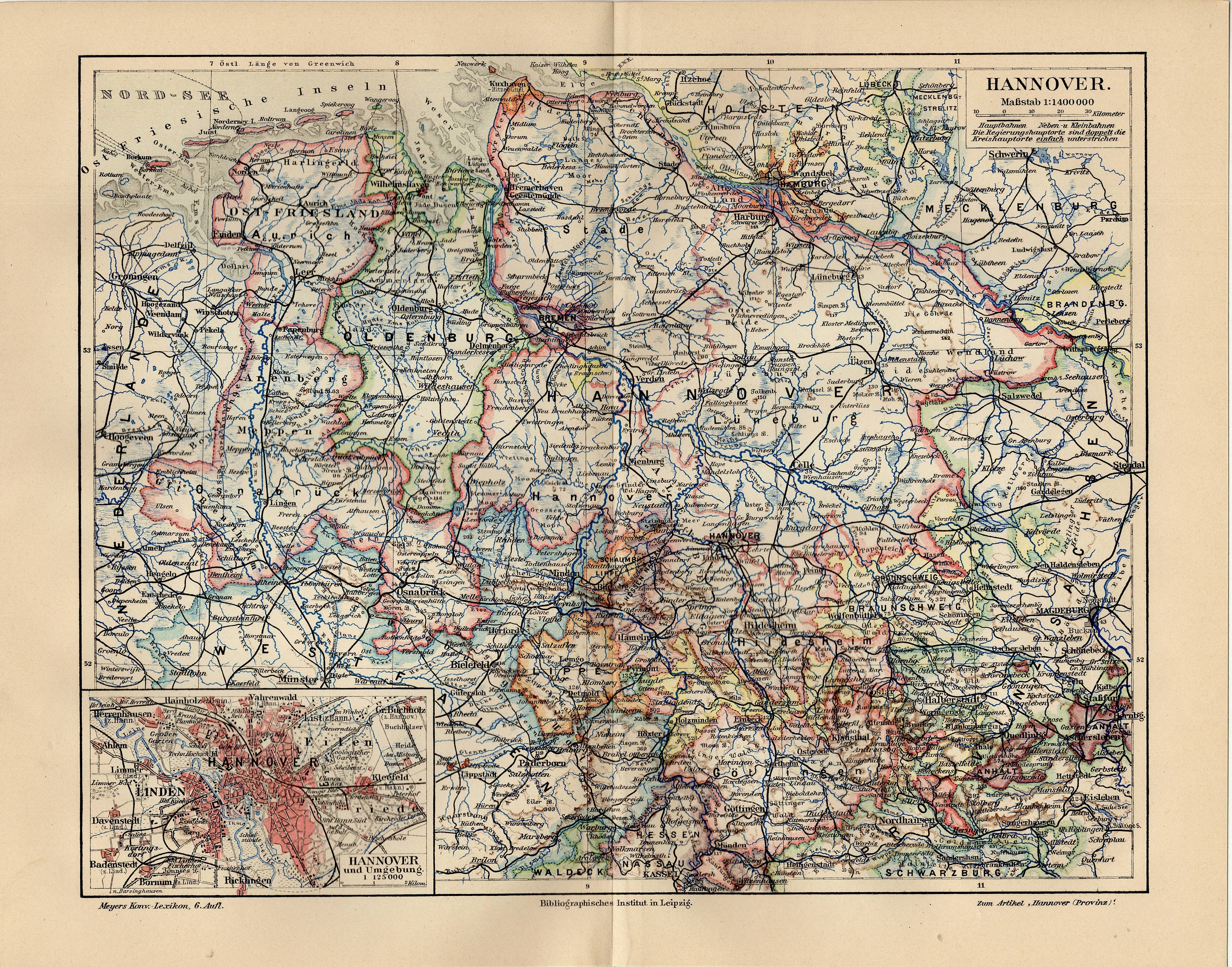 HANOVER KINGDOM GERMANY Antique Map From 1908