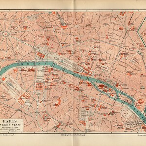 Mapa antiguo del centro de París, Francia, de 1896