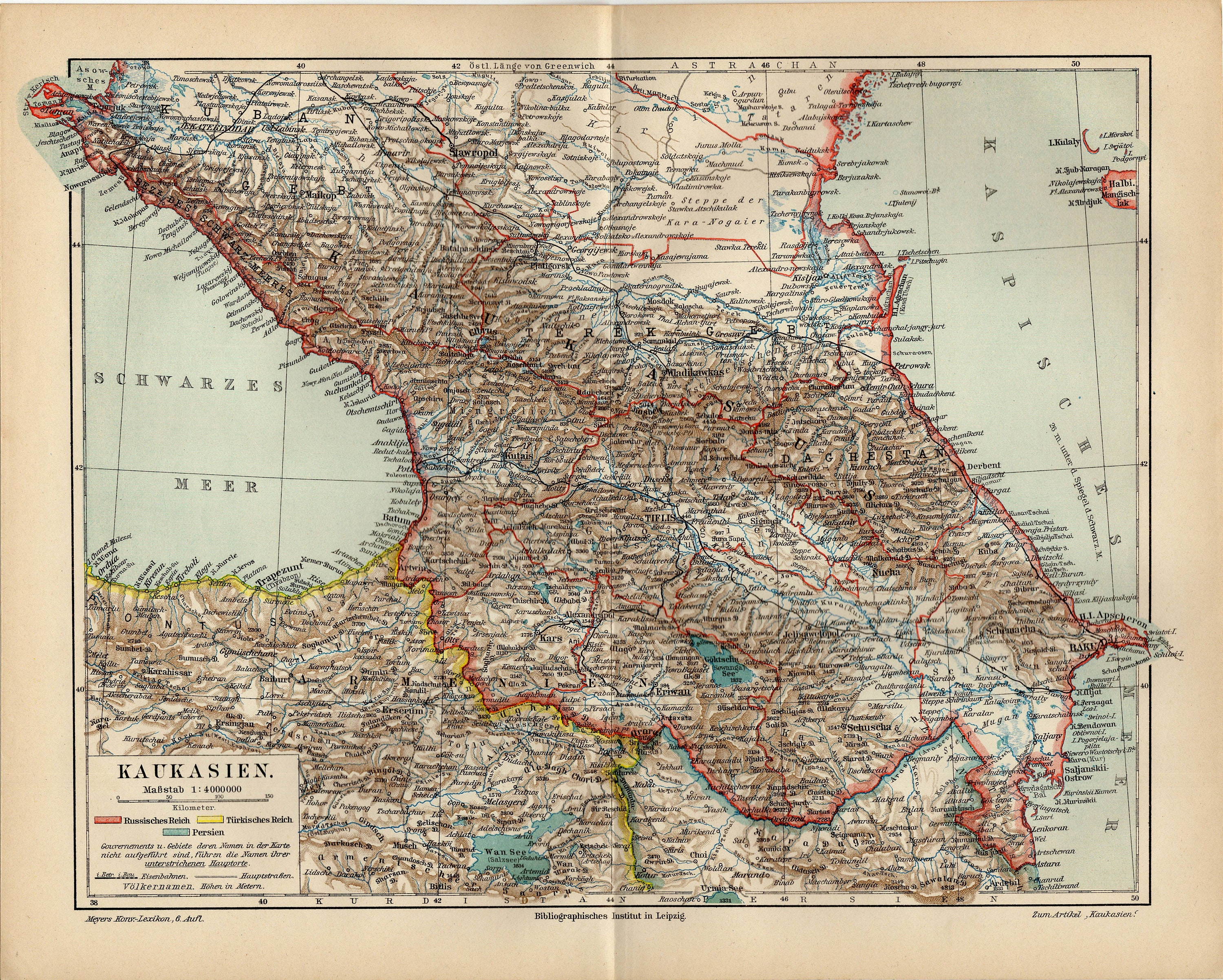 CAUCASUS MOUNTAINS Antique Map From 1907