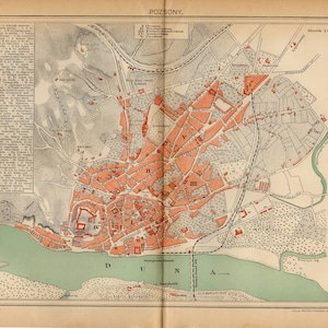 May include: Antique map of Pozsony, featuring a detailed illustration of the city's layout. The map uses a combination of red, green, and gray tones to depict buildings, streets, and natural features. Text in the upper left corner provides a key to the map's symbols.