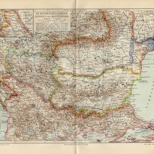 ROMANIA SERBIA MONTENEGRO Bulgaria Antique map from 1906