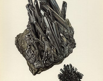 STIBNITE ANTIMONITE MINERAL Vintage lithograph from 1968
