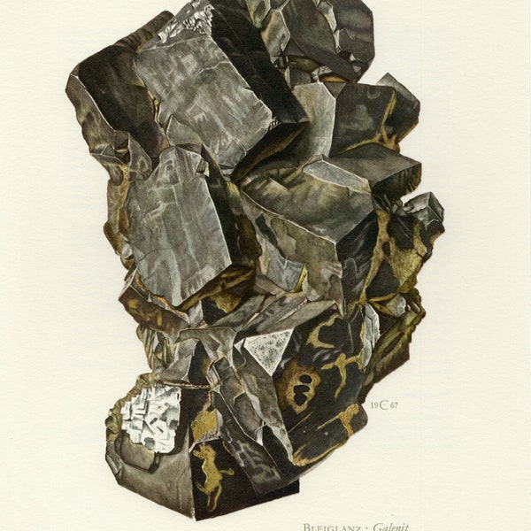 GALENA MINERAL PRINT Vintage lithograph from 1967