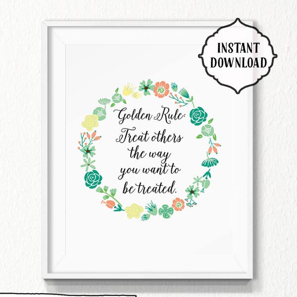 The Golden Rule, 8x10, INSTANT download, home printable, Printable, Digital, gratitude, black and white, typography, Bible, floral wreath