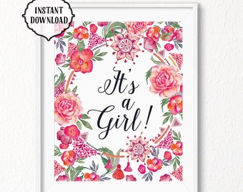 It's a Girl Floral Printable Sign, Nursery Wall Art (Digital Download)