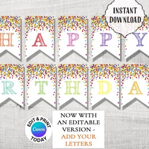 HAPPY BIRTHDAY Banner, Konfetti, Banner, digital, Geburtstagsbanner, alles Gute zum Geburtstag, Regenbogen, Konfetti Party, Partybanner, bearbeitbares Banner