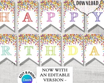 Confetti Happy Birthday Banner, Editable Rainbow Party (Digital Download)