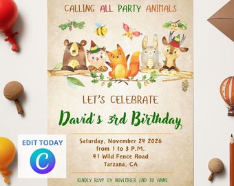Woodland Animals Birthday Invitation, Editable Forest Party (Digital File)