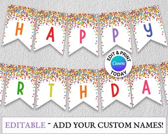 Confetti Happy Birthday Banner, Rainbow Letters (Canva Editable, Digital)