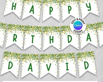 Green & Gold Confetti 'Happy Birthday' Banner (Canva Editable, Digital Download)