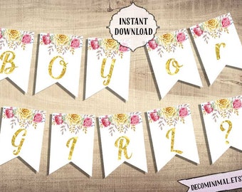 Floral Gender Reveal Banner, Gold Letters (Printable Digital)