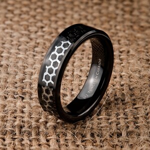 Tungsten Carbide Ring Hexagon over Black Carbon Fiber inlay Wedding Band 6mm or 8mm Comfort Fit FREE LASER ENGRAVING image 5