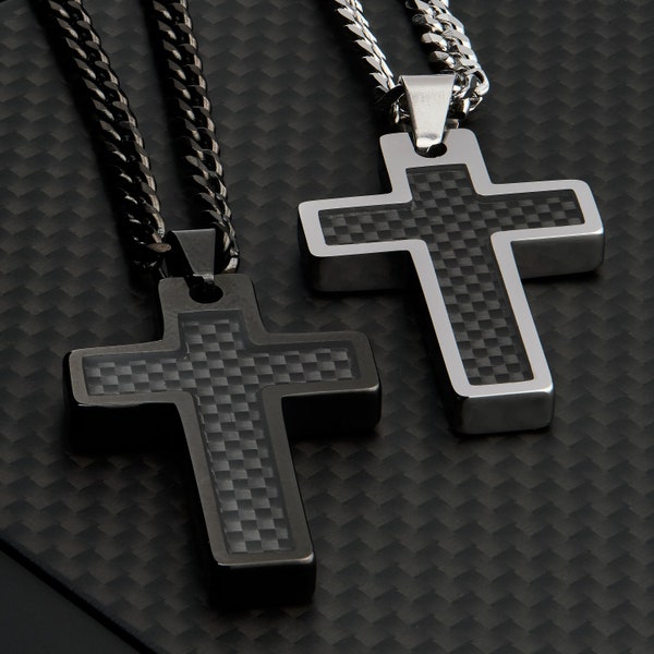 Tungsten Carbide Carbon Fiber Inlay Cross Pendant Necklace Polished or Black Stainless Steel Cuban Chain. Free laser engraving.