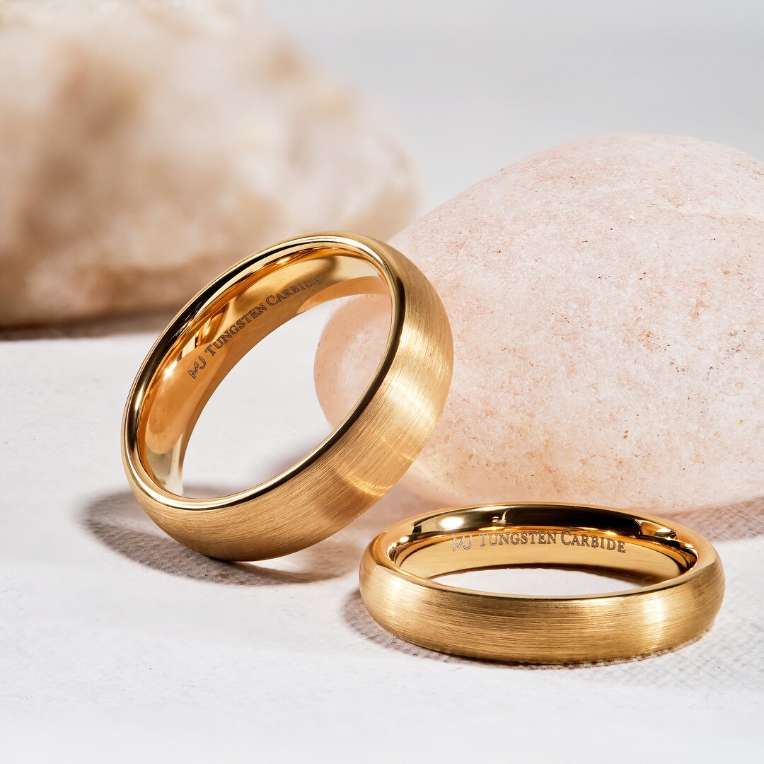 6mm - 14k Yellow Gold Tungsten Carbide Wedding Band Beveled Edges Brus