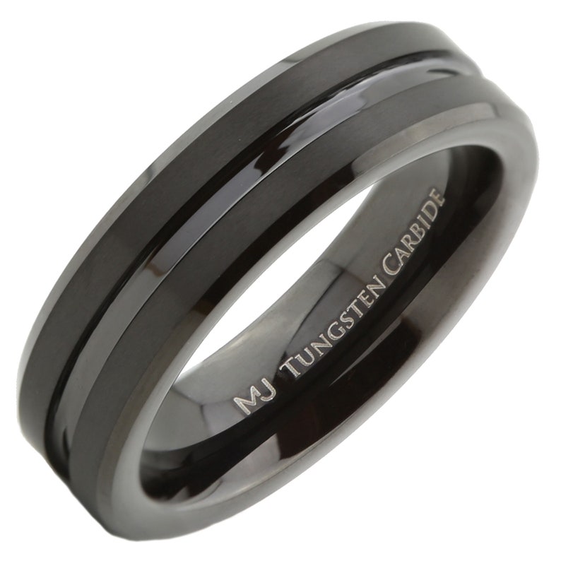 Black Plated Tungsten Carbide Wedding Ring 6mm or 8mm width brushed with polished edges and center groove. Custom Laser Engraving included 6mm