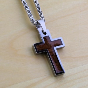Tungsten Carbide Hawaiian Koa Wood Cross Pendant Necklace Stainless Steel Cuban Chain. Free Laser Engraving image 8