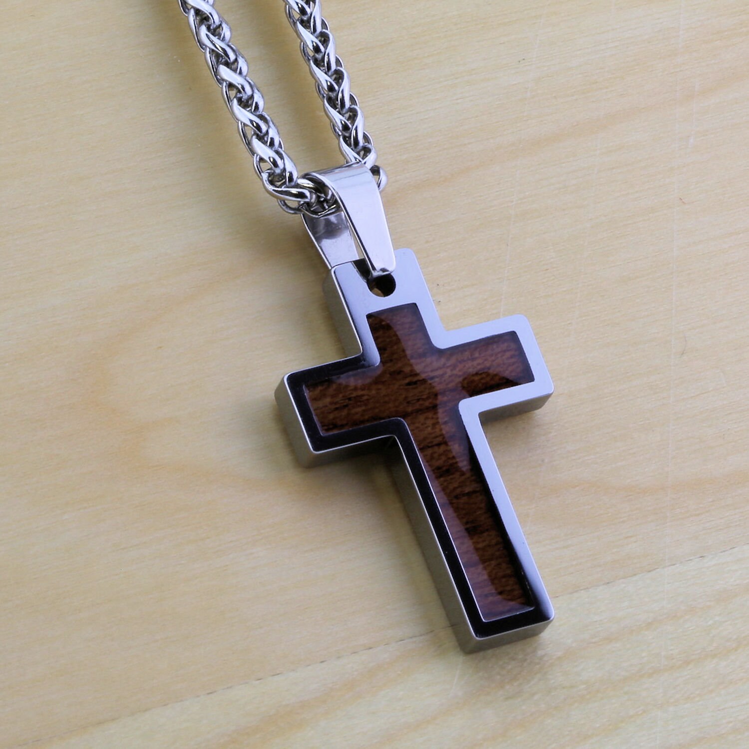 Tungsten Carbide Hawaiian Koa Wood Cross Pendant Necklace Etsy