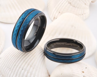 Tungsten Carbide 6 or 8mm Wedding Band Hammered Black and Blue Plated Ring. Free Inside Laser Engraving