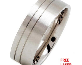 Brushed Surgical Grade Stainless Steel Ring 8mm wide, comfort fit . 2 grooves Free Laser Engraving.