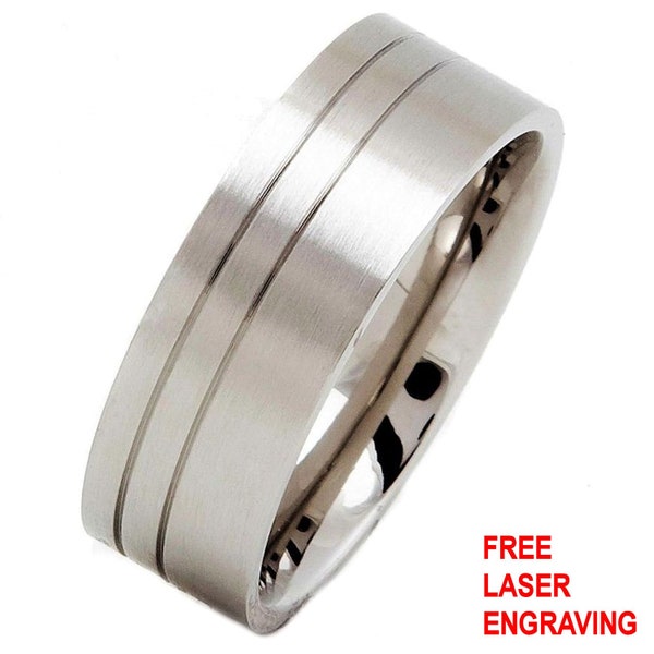 Brushed Surgical Grade Stainless Steel Ring 8mm wide, comfort fit . 2 grooves Free Laser Engraving.