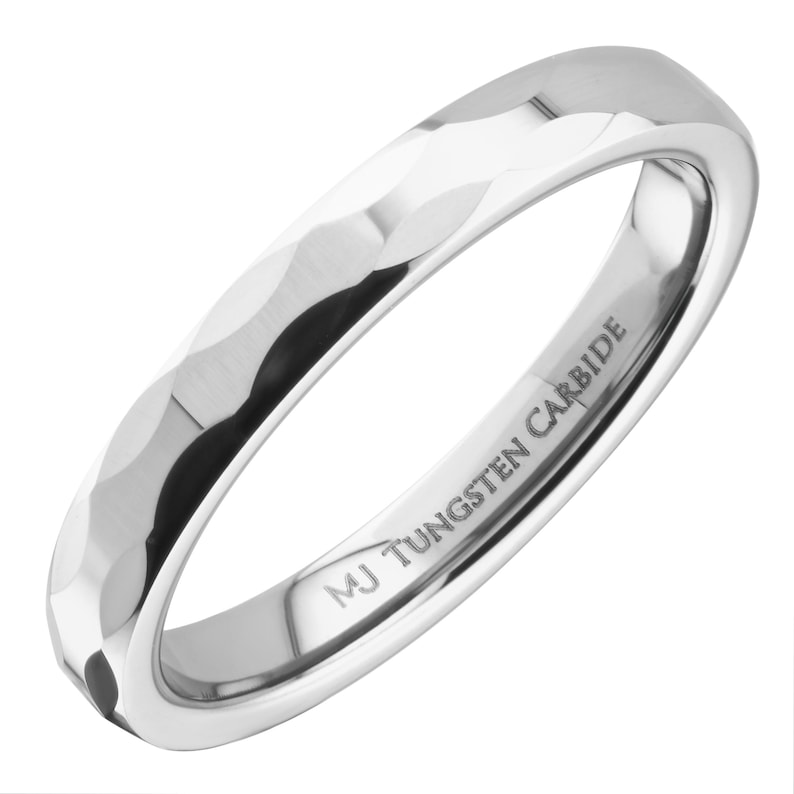 Polished Tungsten Carbide Ring with Geometric Multi Faceted Design 3mm width. Free Laser Engraving image 2