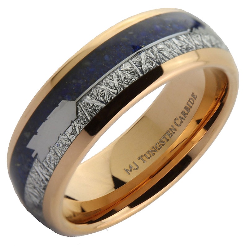Lapis Lazuli and Meteorite Arrow Inlay Tungsten Carbide Ring 6mm or 8mmRose gold or polished Wedding band Beautiful Blue color 8mm Rose Gold