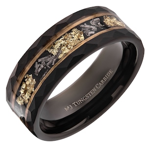 Tungsten Carbide Hammered 8mm Black Plated Wedding Band with Gold Foil Flecks Inlay Ring. FREE LASER ENGRAVING image 2