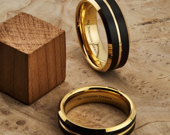 Tungsten Carbide 8mm Gold Plated Wedding Band with a Black Plated Face Ring. FREE LASER ENGRAVING