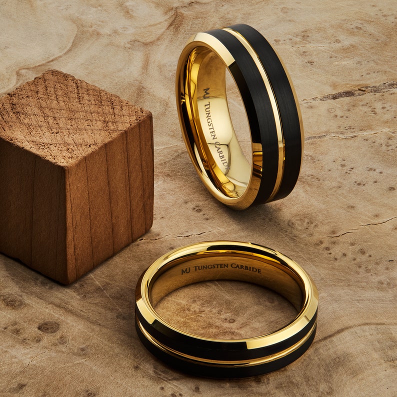 Tungsten Carbide 8mm Gold Plated Wedding Band with a Black Plated Face Ring. FREE LASER ENGRAVING image 1