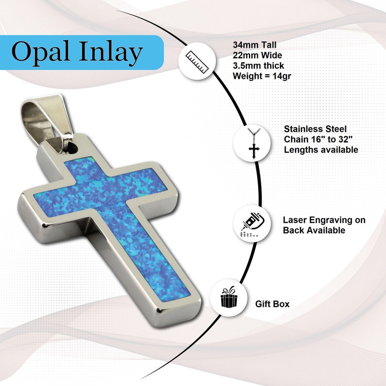 Tungsten Carbide Opal Inlay Cross Pendant Necklace Stainless Steel Cuban Chain. Free laser engraving. image 3