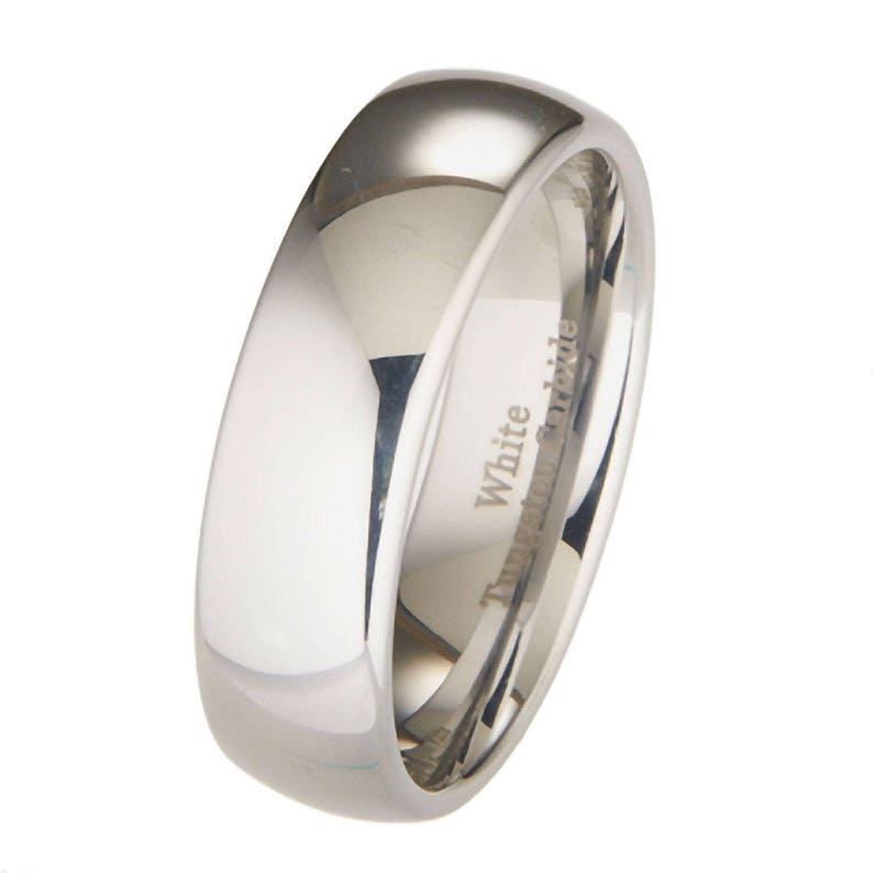 White Tungsten Carbide Ring Classic Mirror Polished Wedding Band Many widths available. Free Laser Engraving image 6