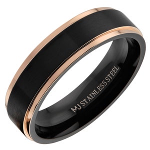 Brushed Black Stainless Steel Ring Wedding Band Polished Gold or Rose Gold Edges Comfort Fit Free Engraving Rose Gold 6mm