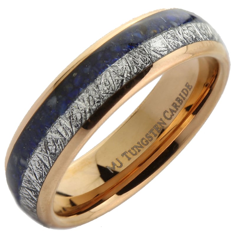 Lapis Lazuli and Meteorite Arrow Inlay Tungsten Carbide Ring 6mm or 8mmRose gold or polished Wedding band Beautiful Blue color 6mm Rose Gold