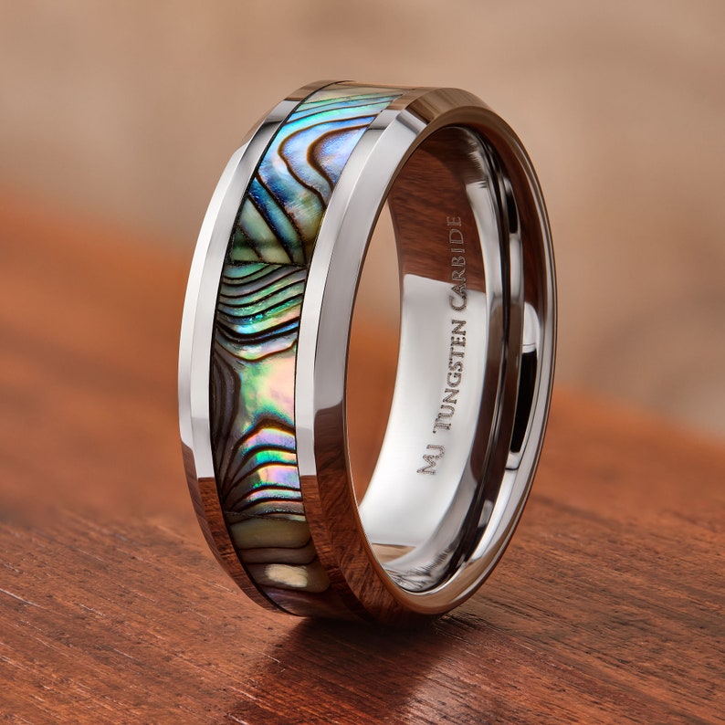 Tungsten Carbide 8mm Abalone Inlay with Recessed Edges Wedding Band Polished Finish Ring. FREE LASER ENGRAVING image 2