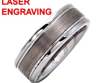 Tungsten Carbide 8mm Brushed Center Wedding Ring Comfort Fit Grooved Polished Edges. FREE LASER ENGRAVING.